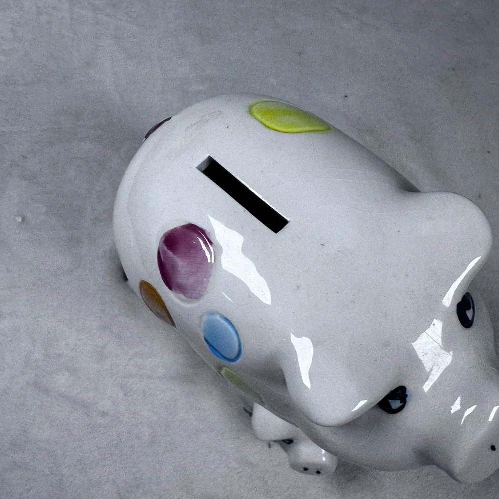 Ceramic Piggy Coin Bank Stacked Three‎ Pigs Colorful Polka Dot White Taiwan